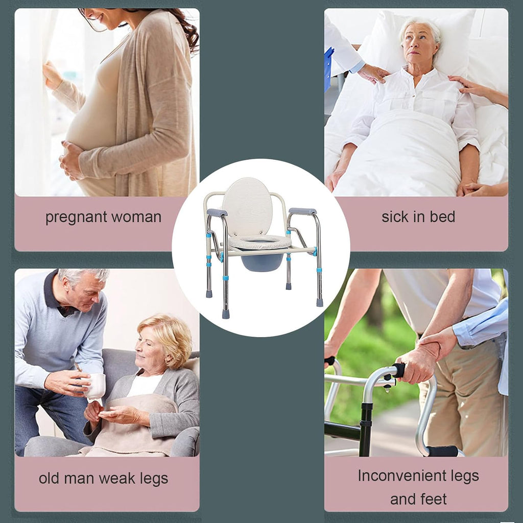 Heavy-Duty Bedside Commode, Portable Foldable Toilet Chair, Extra-Wide Seat, Pail Fits Standard Disposable Liner Bag, for Adults, Elderly, Bariatric Patients Leatherseatboard