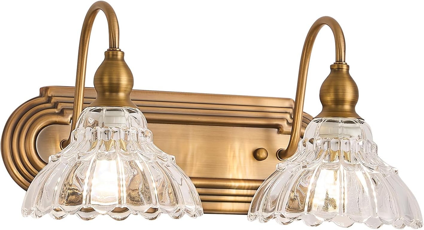 Vintage 2-Light Bathroom Vanity Light Wall Sconce Gold Wall Light Made of Metal Body and Pressed Patterned Glass Retro Vanity Light for Bedroom, Bathroom, Farmhouse, Hallway