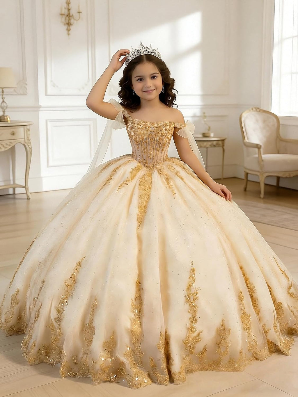 Sequin Applique Flower Girl Dress Gold Lace Pageant Dresses for Girls with Bow Off Shoulder First Communion Dress