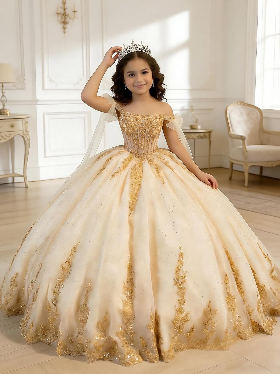 Sequin Applique Flower Girl Dress Gold Lace Pageant Dresses for Girls with Bow Off Shoulder First Communion Dress