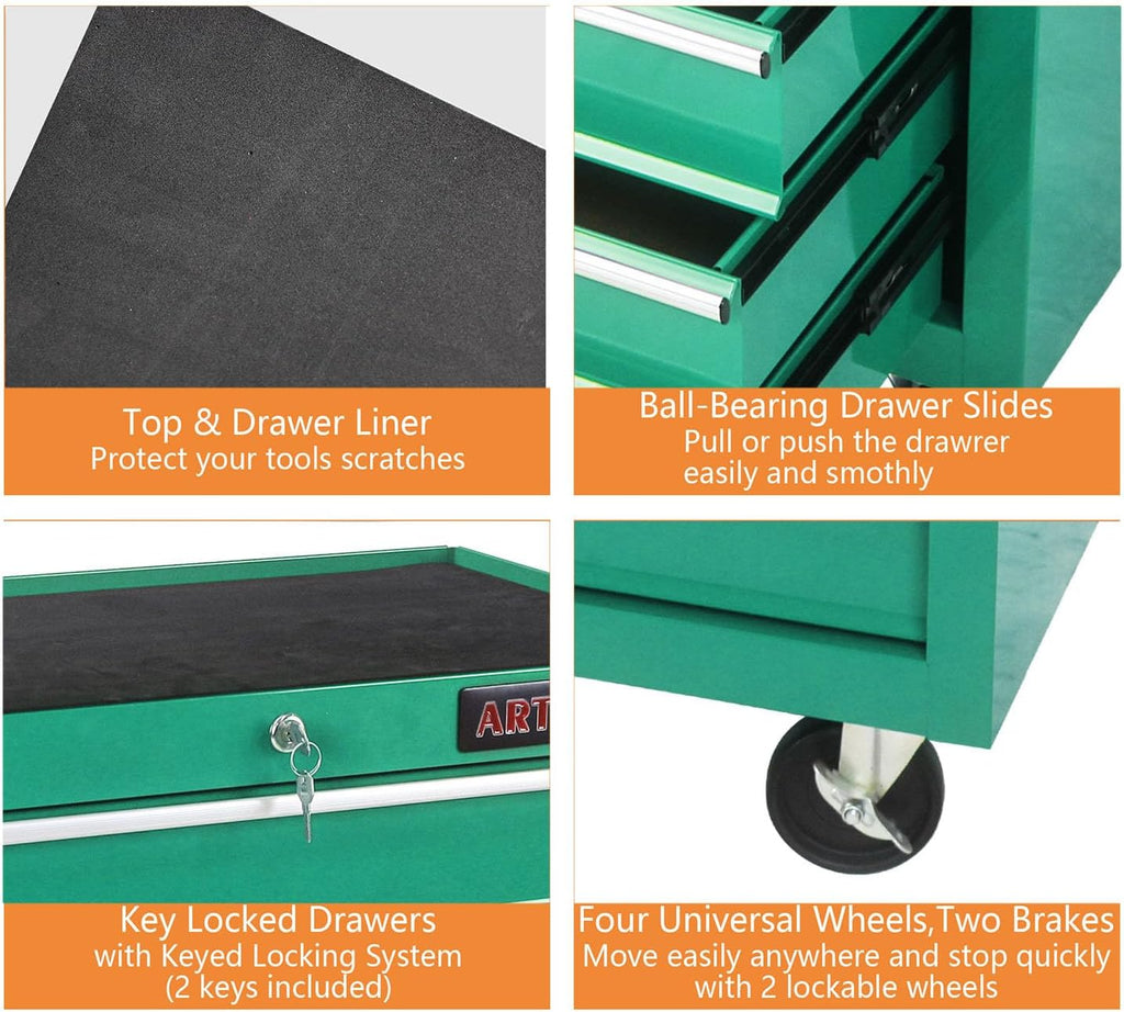 5-Drawer Tool Cart on Wheels, Drawers Rolling Tool Chest with Key Lock, Mobile Trolley Organizer Tools Box with Locking Wheels & Ball Bearing Drawers for Garage,Warehouse,Repair Shop (Green)