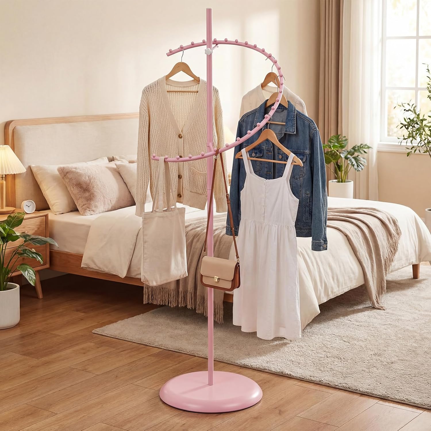 Sintuff Pink Spiral Clothing Rack, 29-ball Garment Display Rack for Retail Stores, Heavy Duty Freestanding Boutique Clothing Stand, Space Saving 63' h x 18'