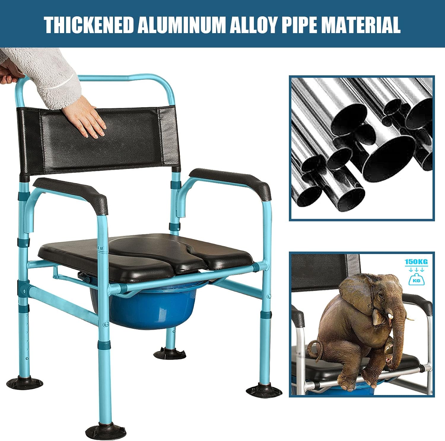 Padded Beside Commode Chair 3 in 1 Shower Seat for Toilet with Arms, Heavy Duty Adult Bathroom Commode Chair Aluminum Alloy Frame, PU Leather Padded