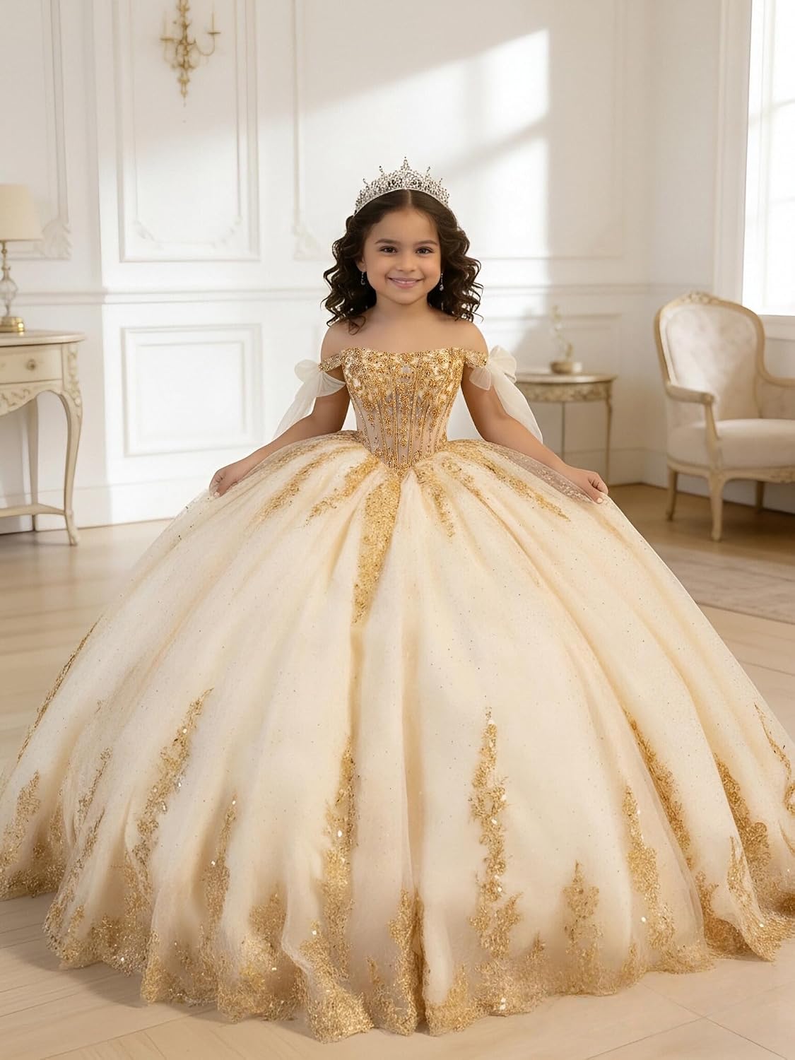 Sequin Applique Flower Girl Dress Gold Lace Pageant Dresses for Girls with Bow Off Shoulder First Communion Dress