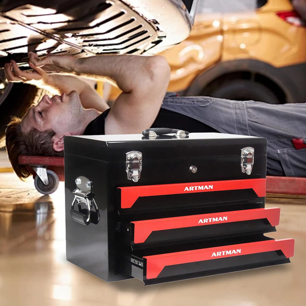 439 Piece Tool Set with Tool Box, 3-Drawer Toolbox Storage Case with Lock Portable Tool Chest with Tool Set General Household Tool Storage Organizer for Garage Workshop, Black + Red
