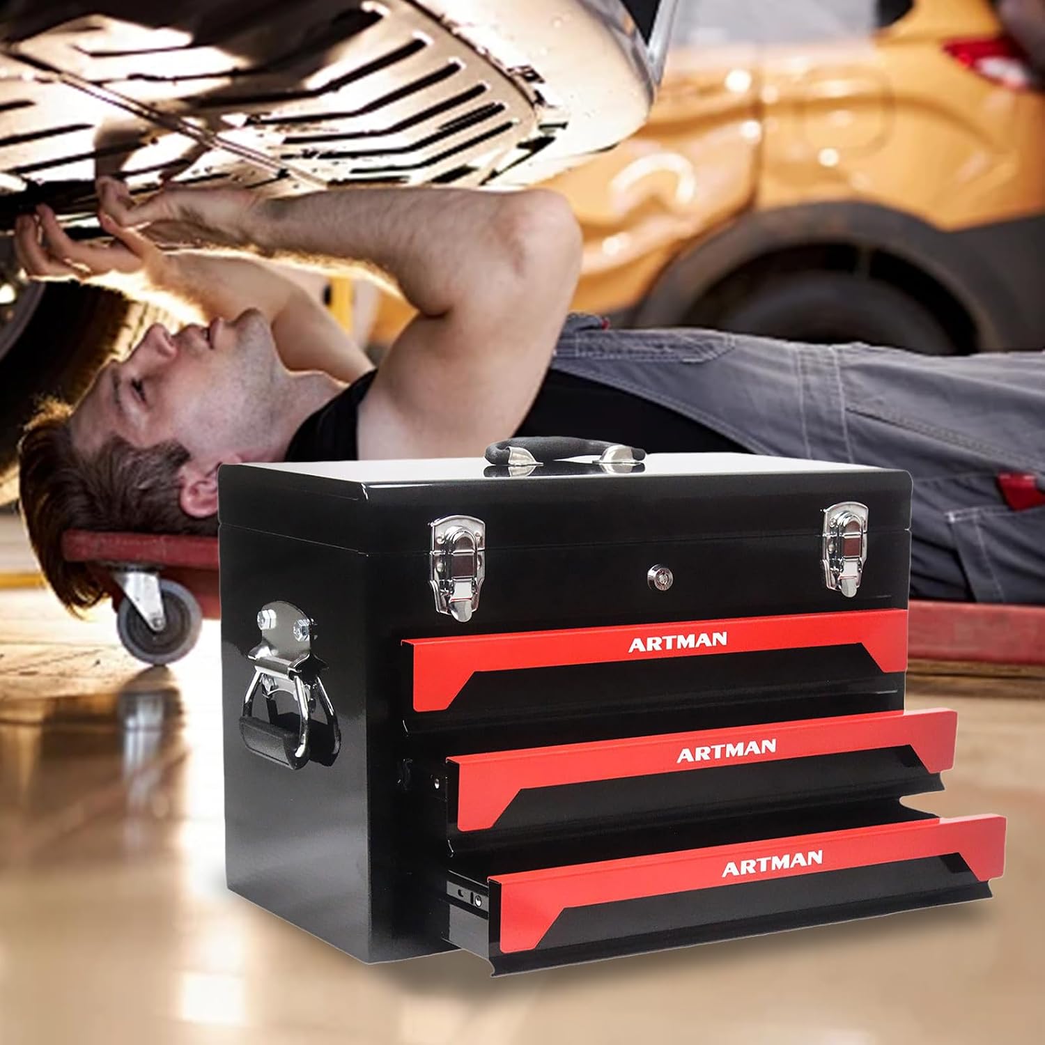 439 Piece Tool Set with Tool Box, 3-Drawer Toolbox Storage Case with Lock Portable Tool Chest with Tool Set General Household Tool Storage Organizer for Garage Workshop, Black + Red