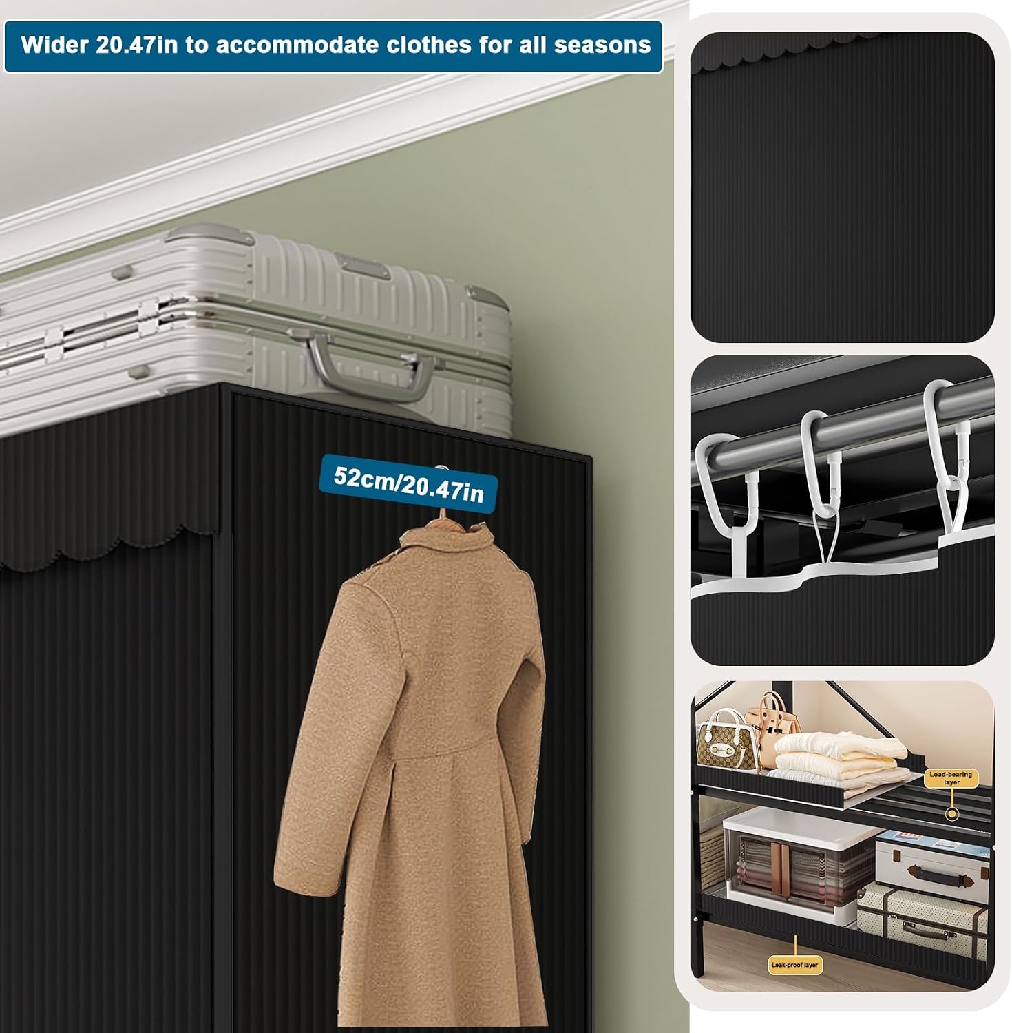 FPIGSHS Heavy Duty Clothes Rack with Cover Foldable Covered Clothes Rack for Hanging Clothes portable Wardrobe Closet System Freestanding Coat Storage Garment Racks for bedroom (black, 59in)