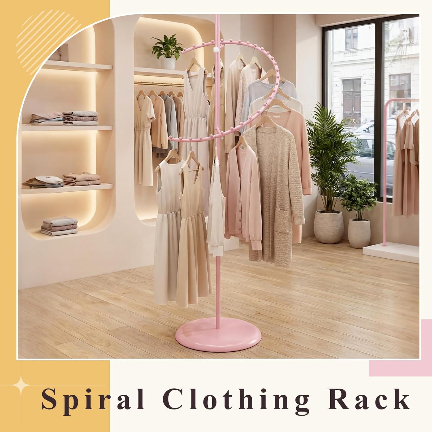 Sintuff Pink Spiral Clothing Rack, 29-ball Garment Display Rack for Retail Stores, Heavy Duty Freestanding Boutique Clothing Stand, Space Saving 63' h x 18'