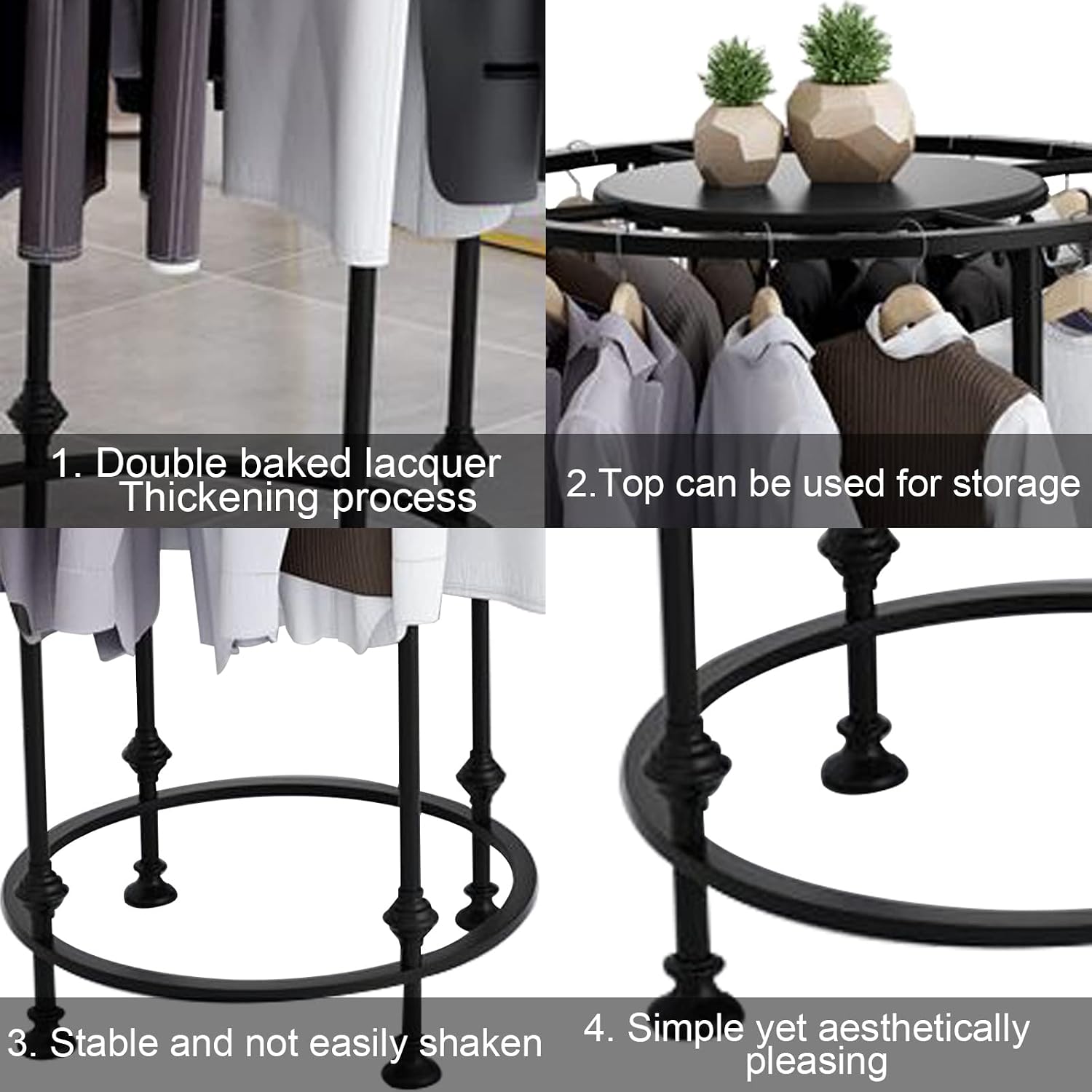 Round Garment Rack, Floor Standing Iron clothes Hanging Rack with Topper, Suitable for Large Shopping Malls Retail, Clothes Boutique Display Laundry Rooms Multi-Purpose Hanging (BLACK)