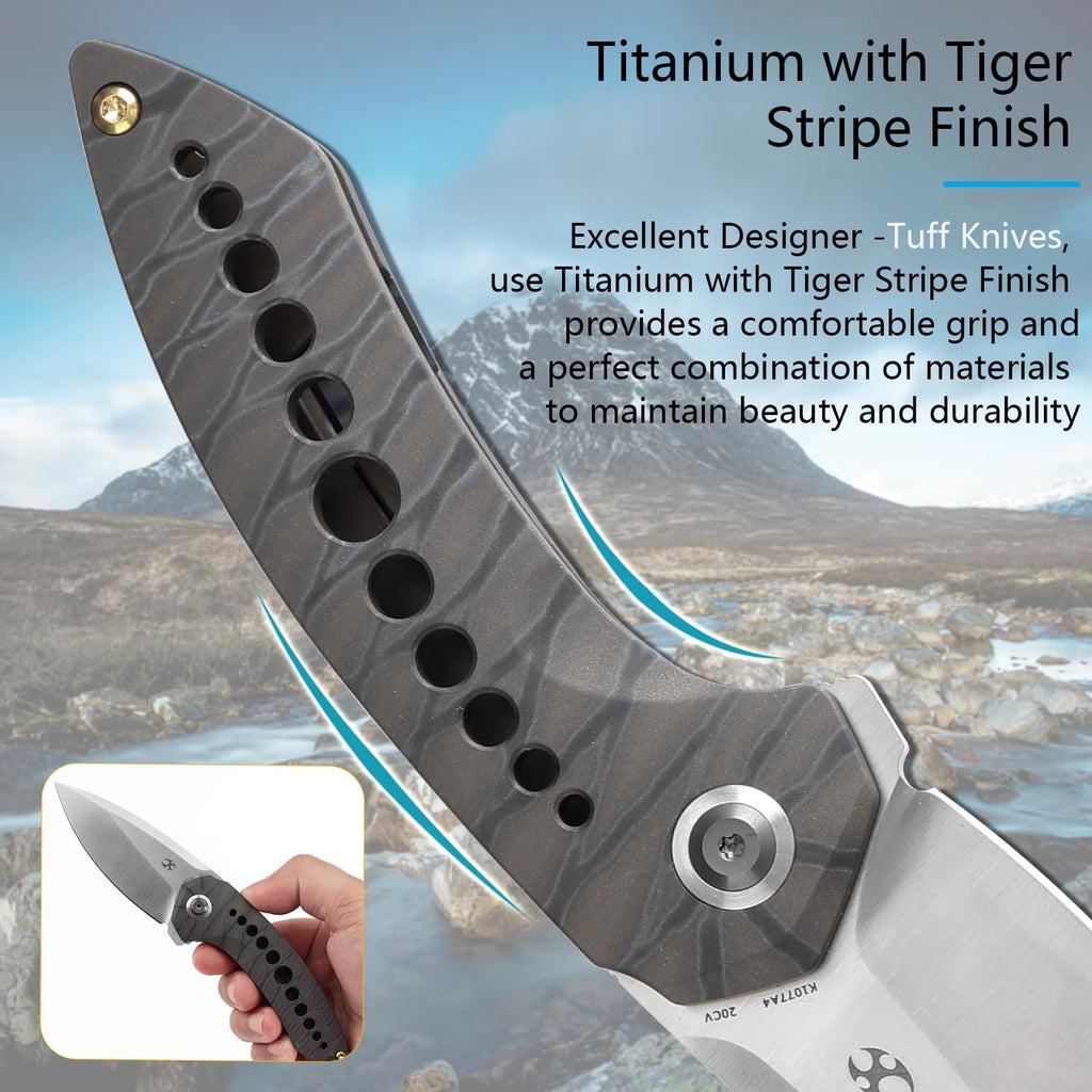 KANSEPT ODD 21 Pocket Folding Knives for Camping Hiking Folding Knife 3.06'' Satin CPM 20CV Blade EDC Knife with Titanium with Tiger Stripe Finish Handle for Men and Women Everyday Carry K1077A4