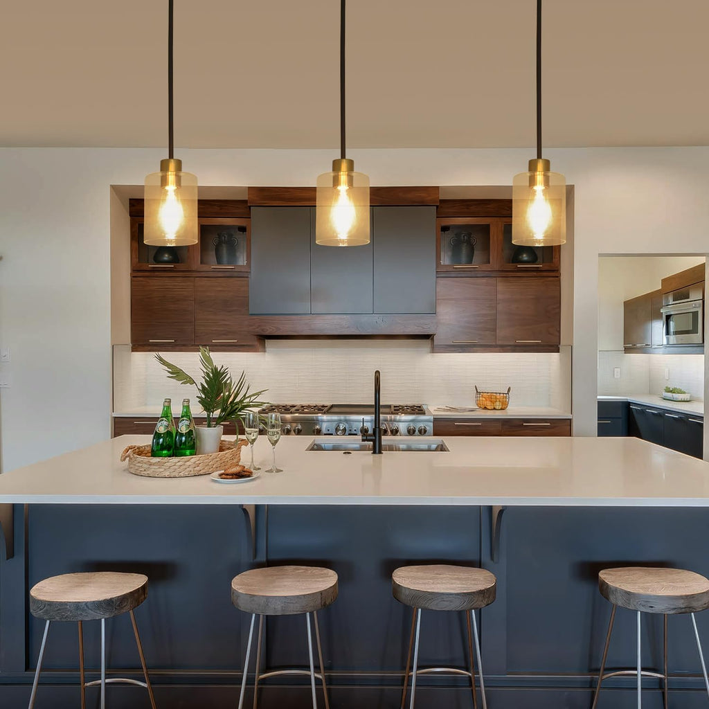 Modern 3 Pack Black Gold Pendant Lights for Kitchen Island, Brushed Brass Modern Hanging Light with Clear Glass Shade, Adjustable Metal Rod Pendant Lighting for Dining Room, Living Room, Bar, Entryway