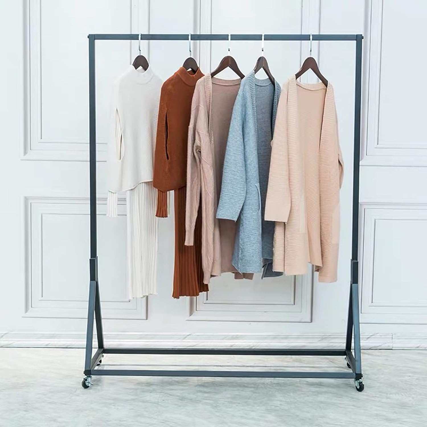 Modern Simple Heavy Duty Metal Rolling Clothing Garment Rack with Wheel,Creative Commercial Wedding Dress Display Shelf,Single Rod Floor-Standing Clothes Hangers (Black without Wood, 47.2' L)