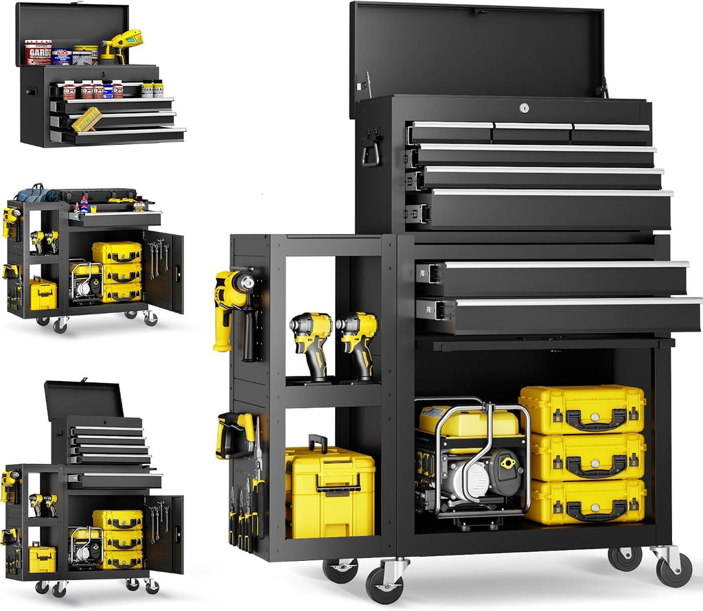 SILVEL 8-Drawer Rolling Tool Chest, 3-in-1 Lockable Tool Box on Wheels with Detachable Top Toolbox & Bottom Storage Cabinet Cart for Garage, Workshop, Repair Room, Warehouse (Black)