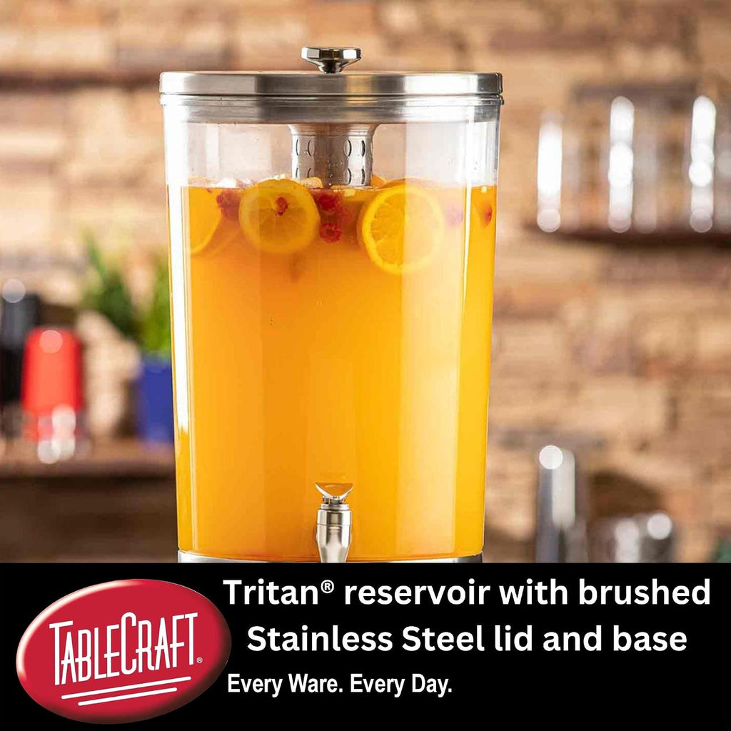 TableCraft 10451 Upscale Beverage Dispenser, 4-1/2' Gallon, Stainless Steel with Nickel Plated ABS Faucet, Tritan Reservoir, Stainless Steel Base