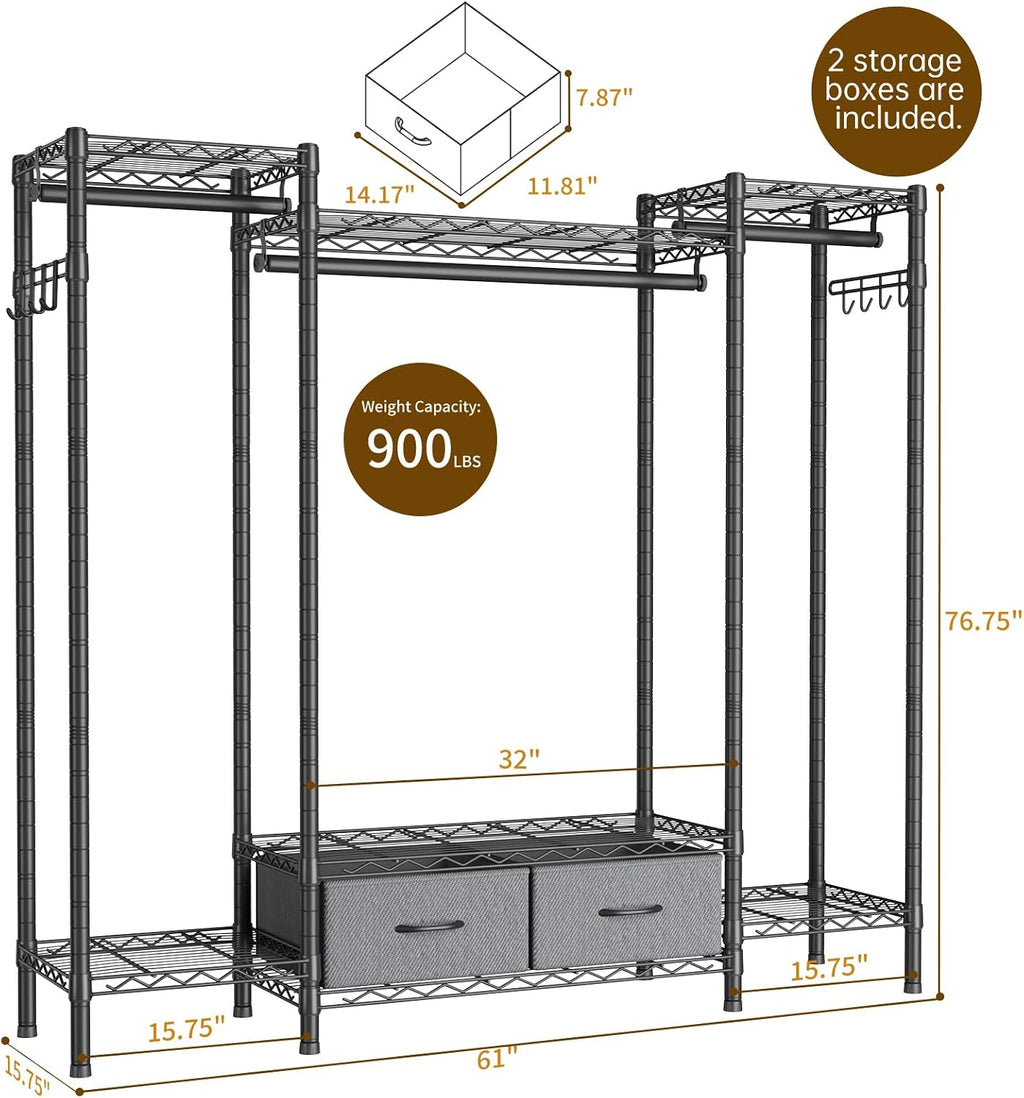 Golpart Coat Rack Clothes Wardrobe：Closet Organizer and Storage Clothing Garment Rack with Shelves Heavy Duty for Hanging Clothes Portable Adjustable Black 15.8' DX61 WX76.5 H
