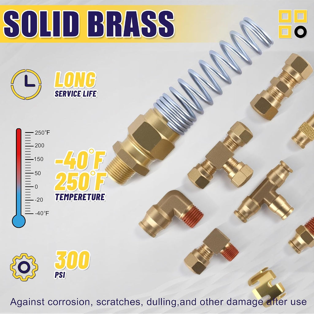 200 Pcs Brass DOT Air Brake Line Fittings & Air Nylon Tube Compression Fittings & Air Brake Hose End Fittings Assortment Kits,1/4' 1/8' 3/8' 1/2' NPT Air Hose Fittings