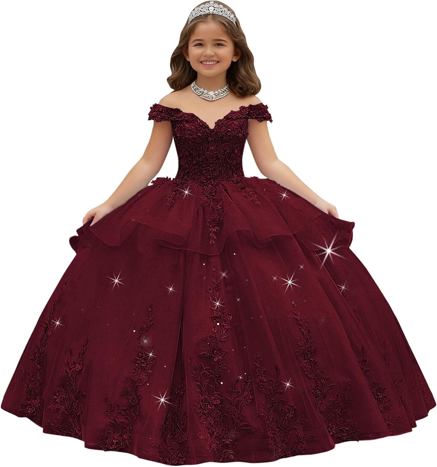 Crystal Lace Applique Flower Girl Dress Layered 3D Floral First Communion Dresses Off Shoulder Girls Pageant Dresses