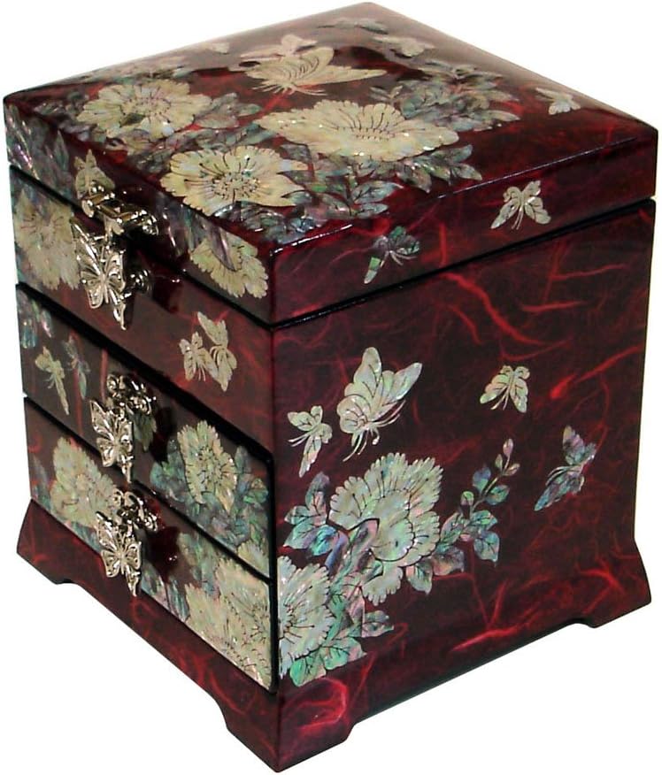 Antique Alive Mother of Pearl Inlay Design Jewelry Box, Wood Jewelry Box, Trinket Case, Keepsake Treasure Chest Box Organizer Holder (Flower)