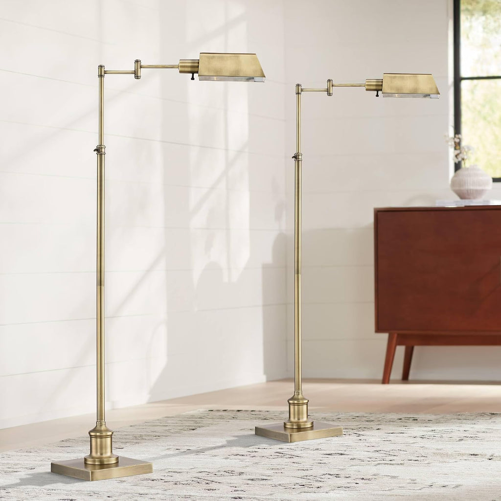 Regency Hill Jenson Traditional Farmhouse 54' Tall Standing Floor Lamps Set of 2 Lights Swing Arm Pharmacy Task Adjustable Gold Metal Aged Brass Finish Living Room Bedroom House Reading Office Home