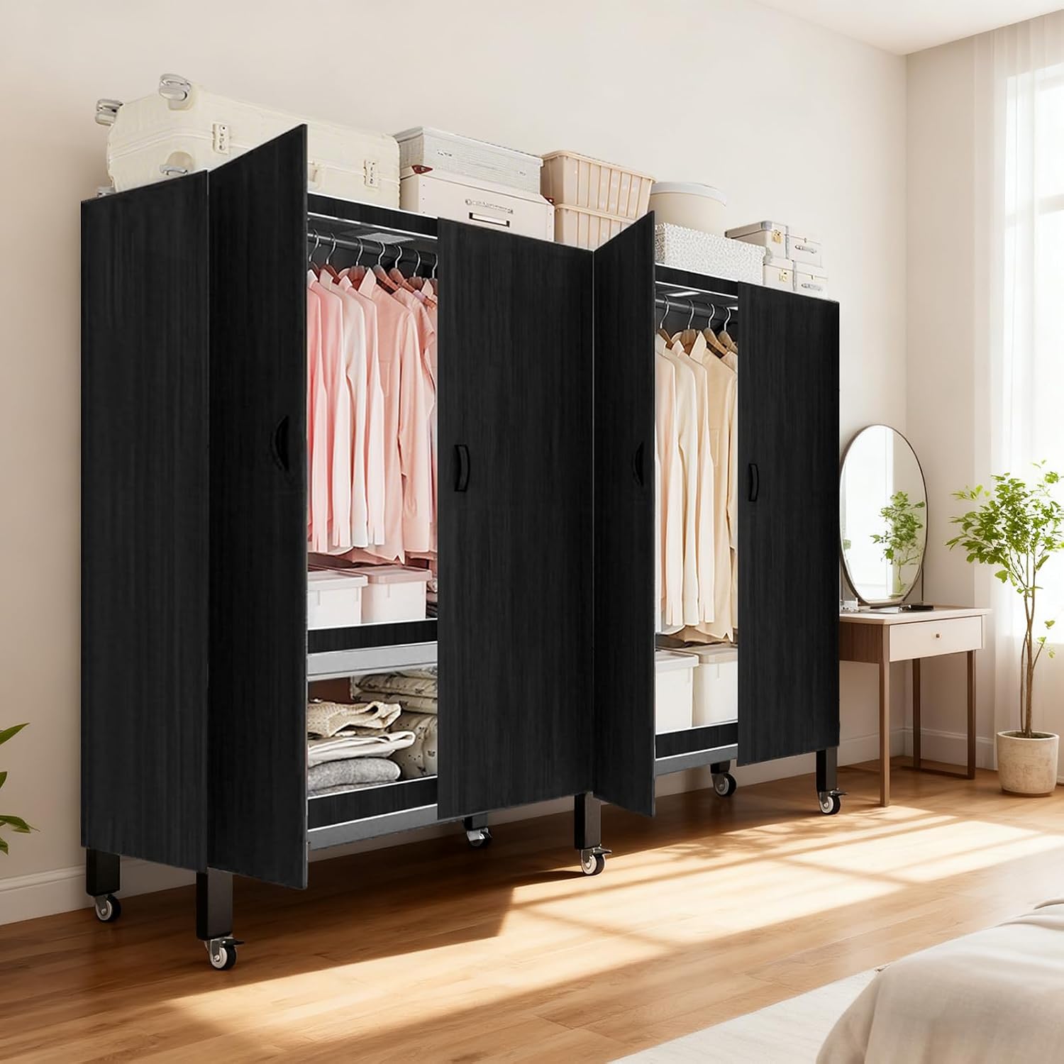 Rolling Clothes Rack with Magnetic Door, Metal Clothing Rack Load 2000lbs, Foldable Portable Wardbe Closet for Hanging Cloth, Garent Racks for Bedroom Closet Sytem (KT-CMX, 49.21in)