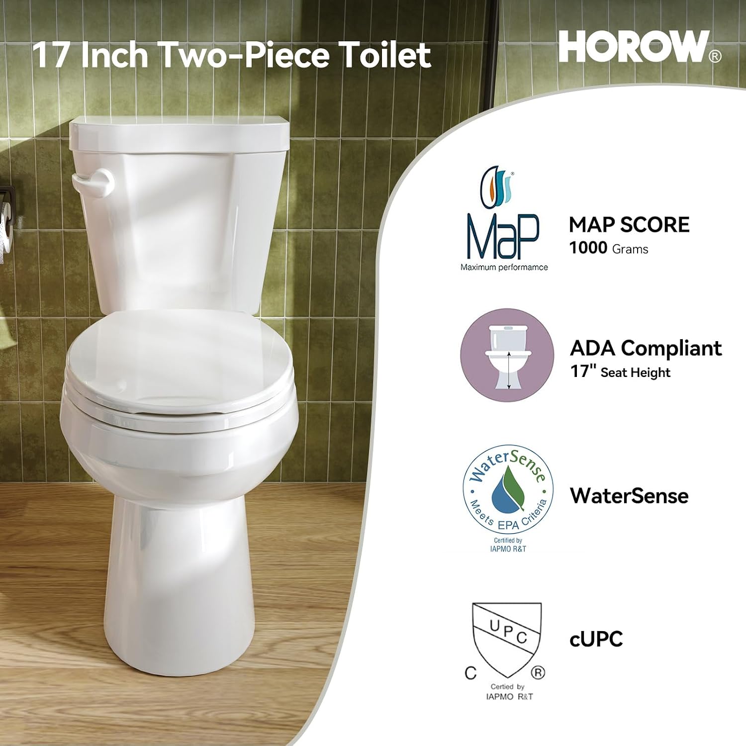 HOROW 17 Inch Compact Tall Toilet for Seniors, Two Piece Toilet for Small Bathroom with Powerful 1.28 GPF Single Flush, MAP 1000g, ADA Chair Height, Soft-Close Seat, and Round Bowl, HR-R17S