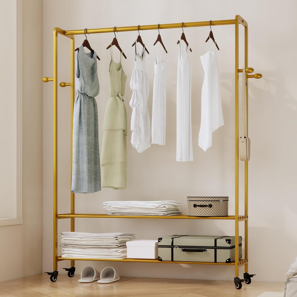 Gold Rolling Garment Rack with Shelves and Hooks,Freestanding Modern Clothing Rack with Wheels,Large Clothes Hanging Rack for Bedroom,Closet,Entryway,Wardrobe,Boutique Display