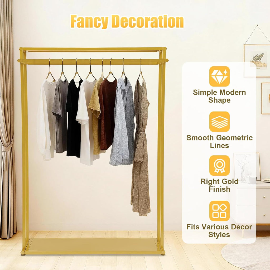 Gold Heavy Duty Clothing Rack Floor Standing Garment Rack Modern Clothes Metal Display Rack Double Hanging Rods Hangers for Wedding Clothes, Daily Home or Shop