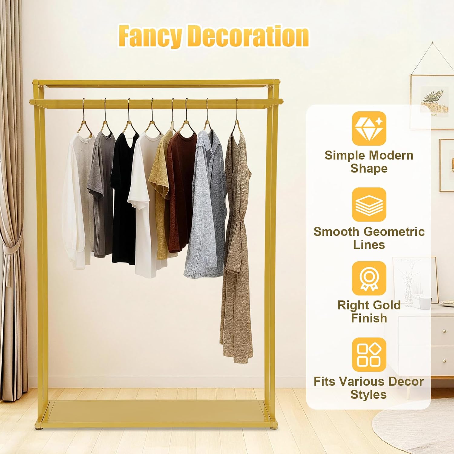 Gold Heavy Duty Clothing Rack Floor Standing Garment Rack Modern Clothes Metal Display Rack Double Hanging Rods Hangers for Wedding Clothes, Daily Home or Shop