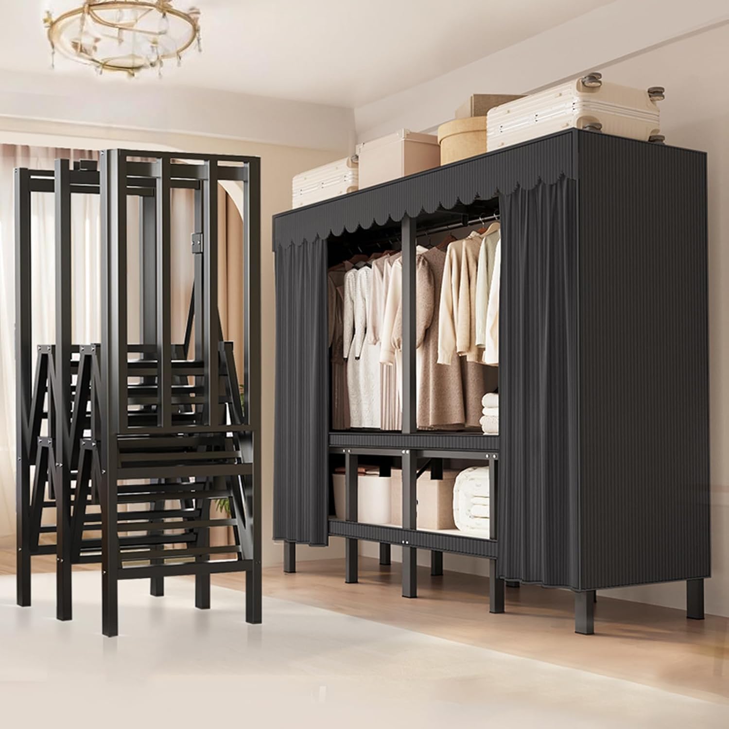FPIGSHS Heavy Duty Clothes Rack with Cover Foldable Covered Clothes Rack for Hanging Clothes portable Wardrobe Closet System Freestanding Coat Storage Garment Racks for bedroom (black, 59in)