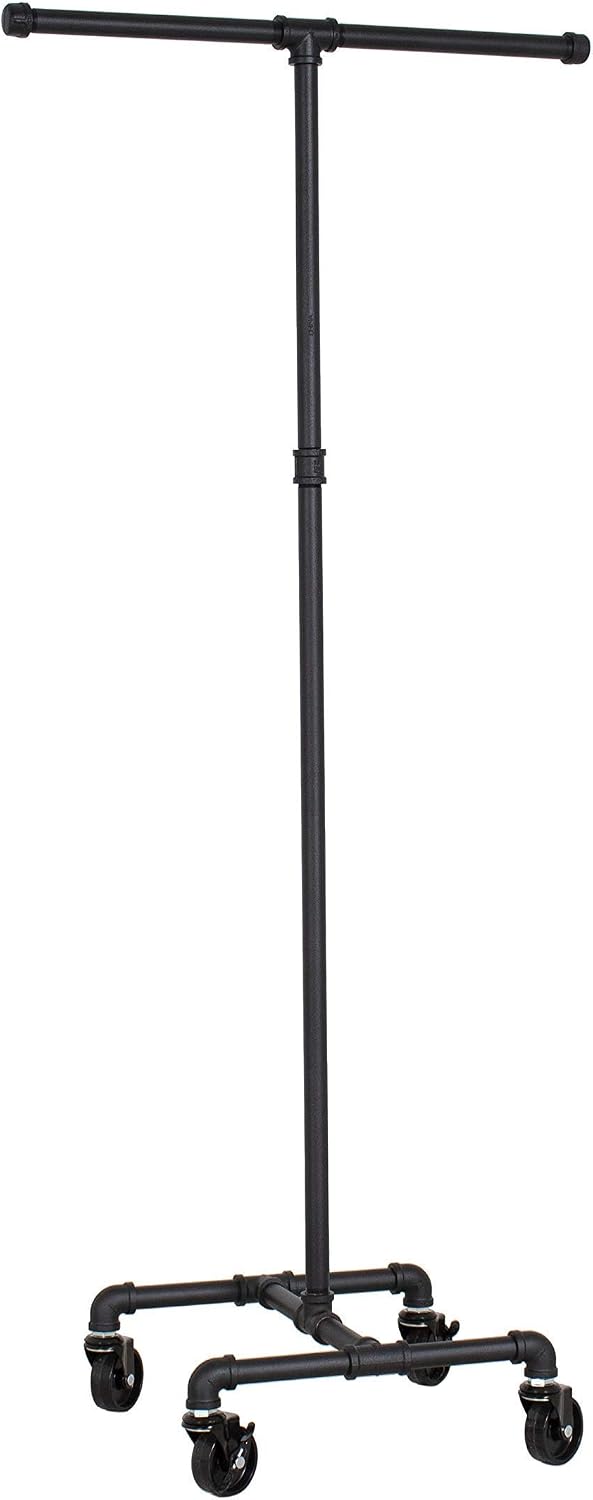 William Robert's Vintage Industrial Clothing Rack Heavy Duty Pipe 2-Way Black Powder Coated for Retail Store and Home