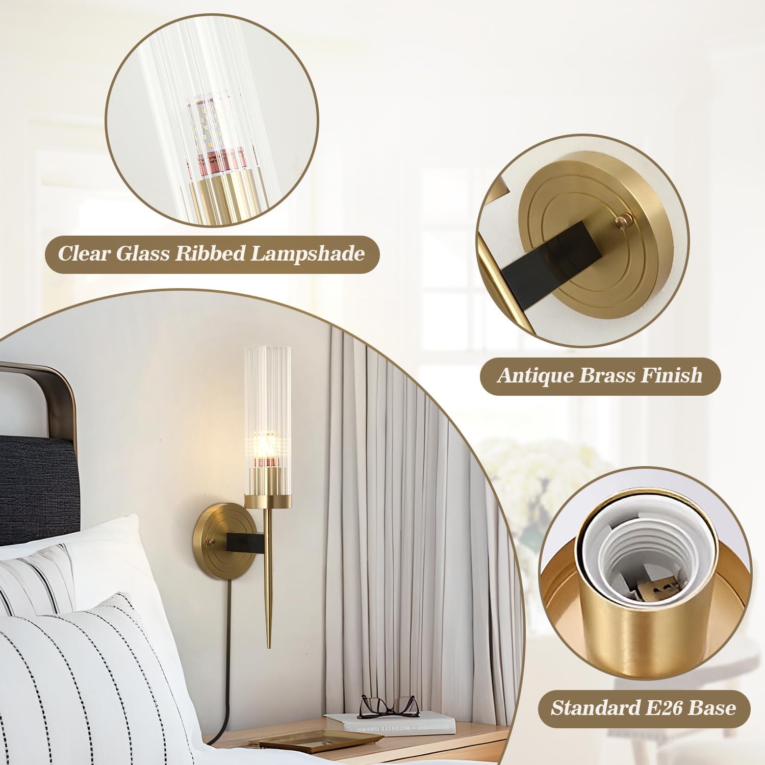 Brass Plug in Wall Sconces Set of Two Indoor Wall Mounted Lights Industrial Vintage Wall Lights Fixture with Clear Glass Shade Wall lamp Set of 2 for Bedside Bedroom Indoor Doorway E26 Base