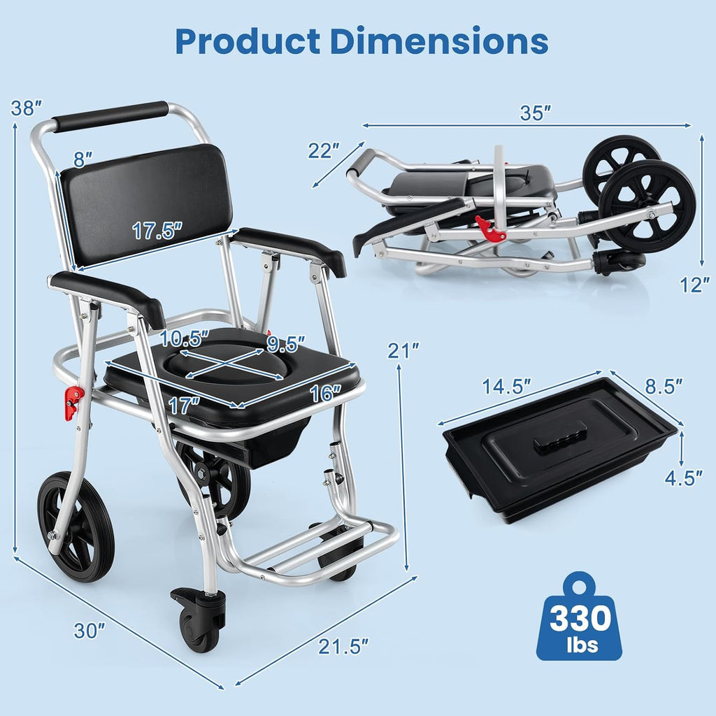 Giantex Bedside Commode Wheelchair for Toilet - Foldable Shower Chair with Arms, Lockable Casters, Detachable Bucket, Transport Wheelchair, Rolling Bath Chair, Shower Seats for Elderly, Handicap