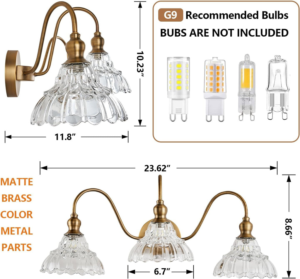 3-Light Bathroom Vanity Light Vintage Brass Wall Sconce with Clear Ribbed Glass Shades Farmhouse Bathroom Light Fixture Over Mirror G9 Base Wall Mount Lighting for Bathroom Hallway Bedroom