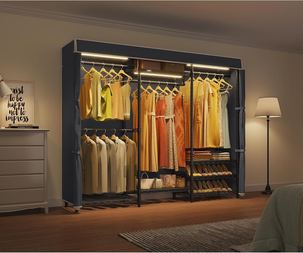 VIPEK V5LC Garment Rack Heavy Duty Covered with Dimmable LED Light 3000K Warm White, Portable Closet Wardrobe Freestanding for Hanging Clothes, Black with Cover