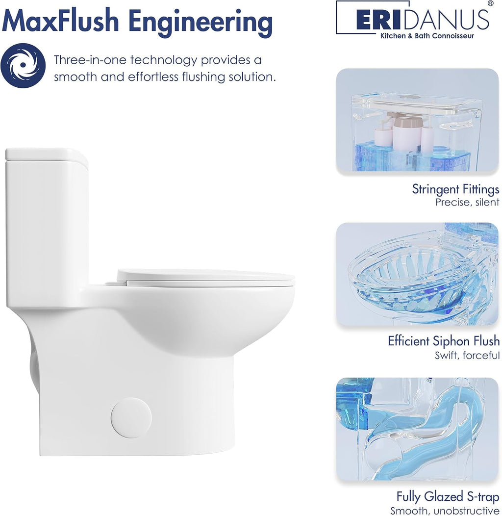 Eridanus One Piece Toilet for Bathroom, Elongated Toilets with Compact Soft Closing Seat, ADA Compliant 17' Chair Height Seat, 12' Rough in, Powerful Dual Flush 1.1/1.6 GPF, Modern Ceramic White