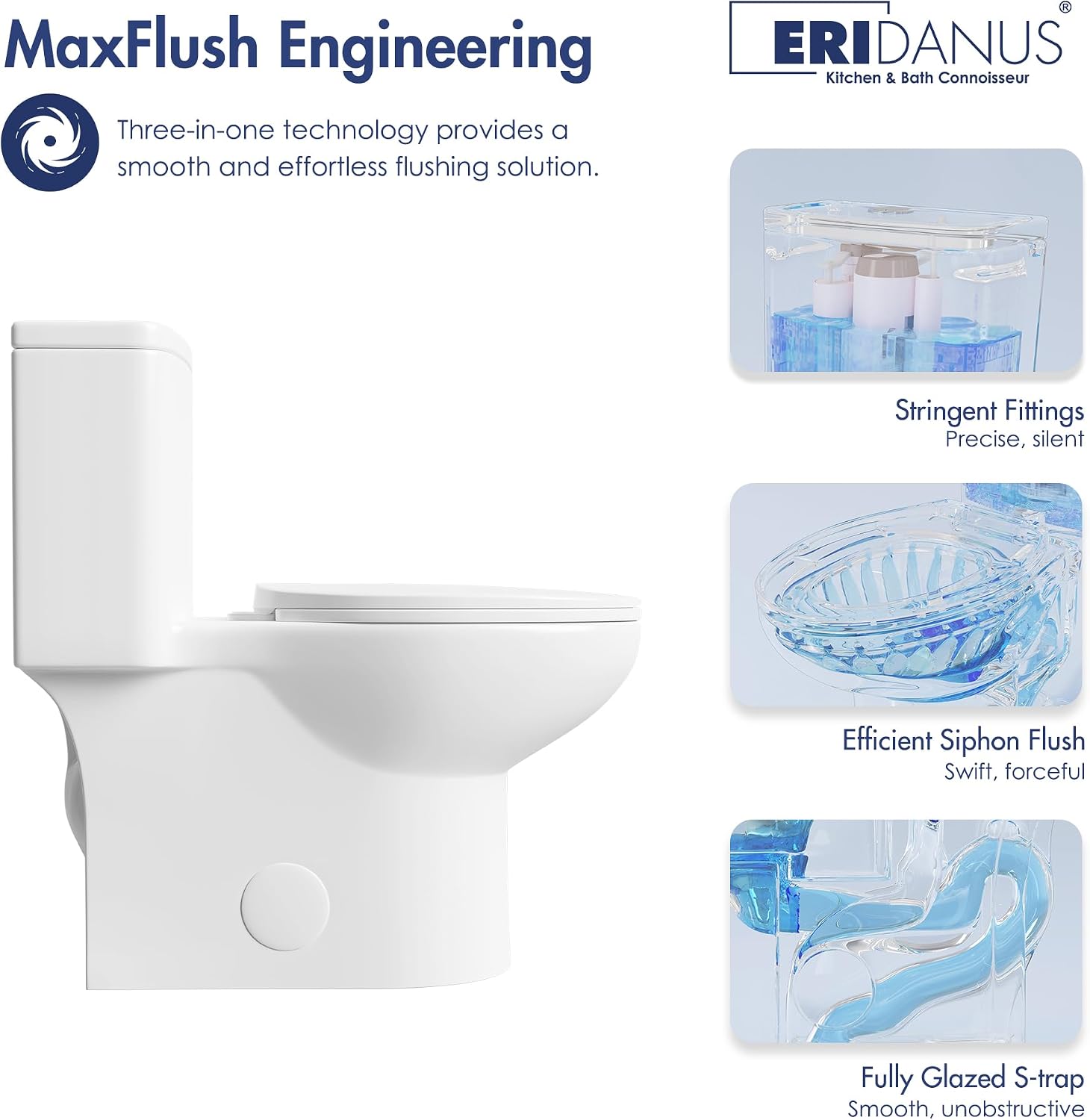 Eridanus One Piece Toilet for Bathroom, Elongated Toilets with Compact Soft Closing Seat, ADA Compliant 17' Chair Height Seat, 12' Rough in, Powerful Dual Flush 1.1/1.6 GPF, Modern Ceramic White