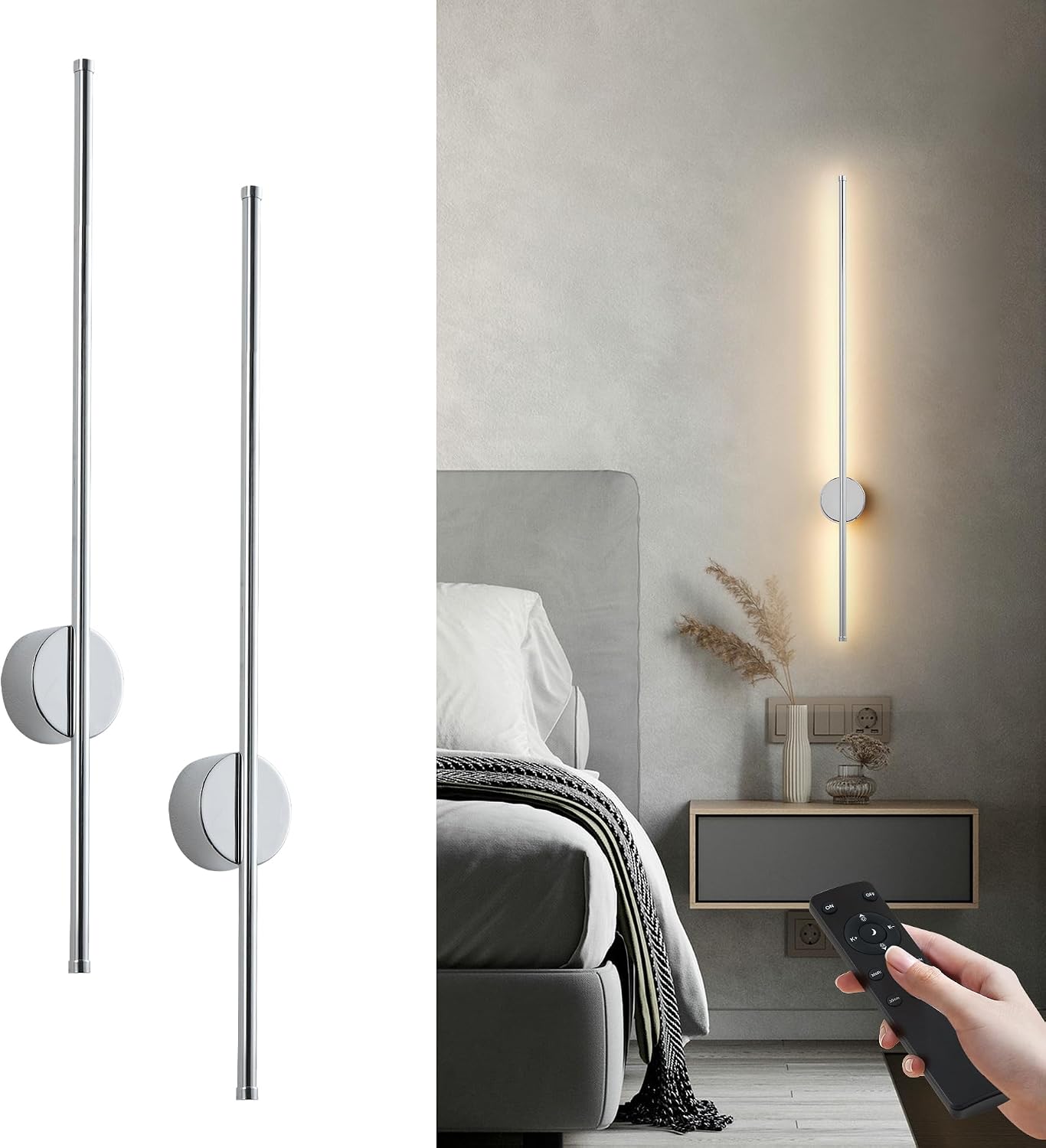 Battery Operated Modern Wall Sconces, Dimmable Wireless Wall Light Set of Two with Remote Control, 3 Color Temperatures, Rechargeable LED Wall Sconce for Bedroom, Living Room,Hallway, 39.3 Inch Chrome