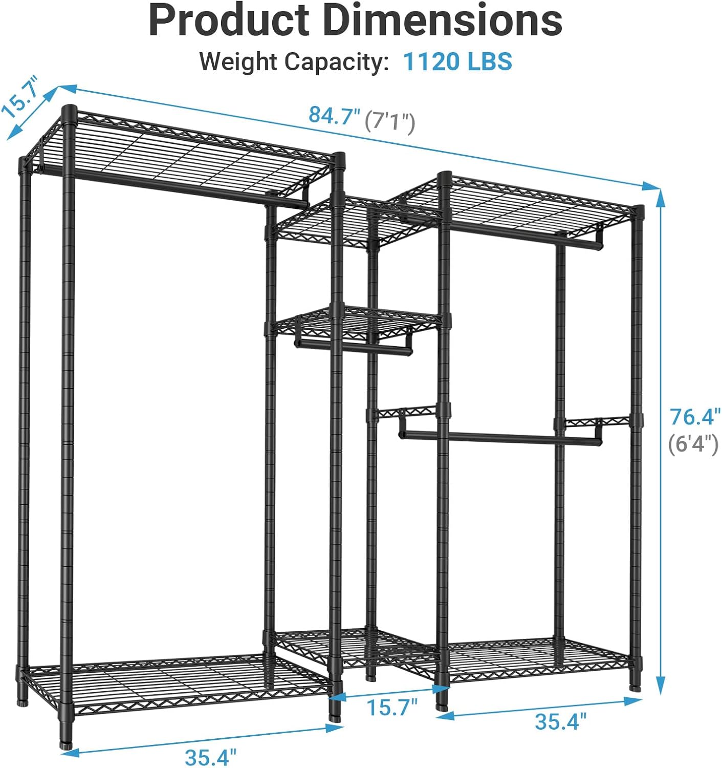 VIPEK Classic V6 Plus Wire Garment Rack Heavy Duty Clothing Rack for Hanging Clothes, Metal Freestanding Closet Wardrobe Rack Portable Clothes Rack, 84.7' L x 15.7' W x 76.4' H, Load 1120lbs, Black
