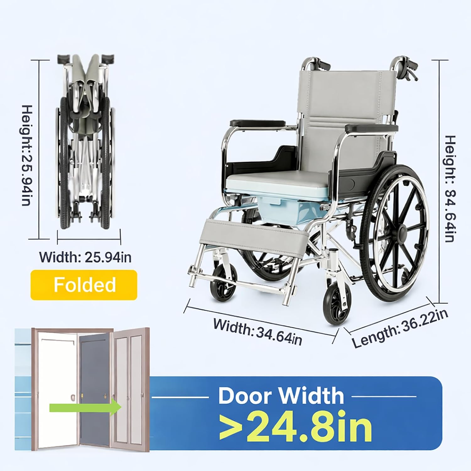 Shower Commode Wheelchair, 17in Width Seat Aluminum Alloy Bathroom Wheelchair for Inside Shower Bathroom Wheelchair Portable Self-Propelled Wheel Chairs for Adults Seniors
