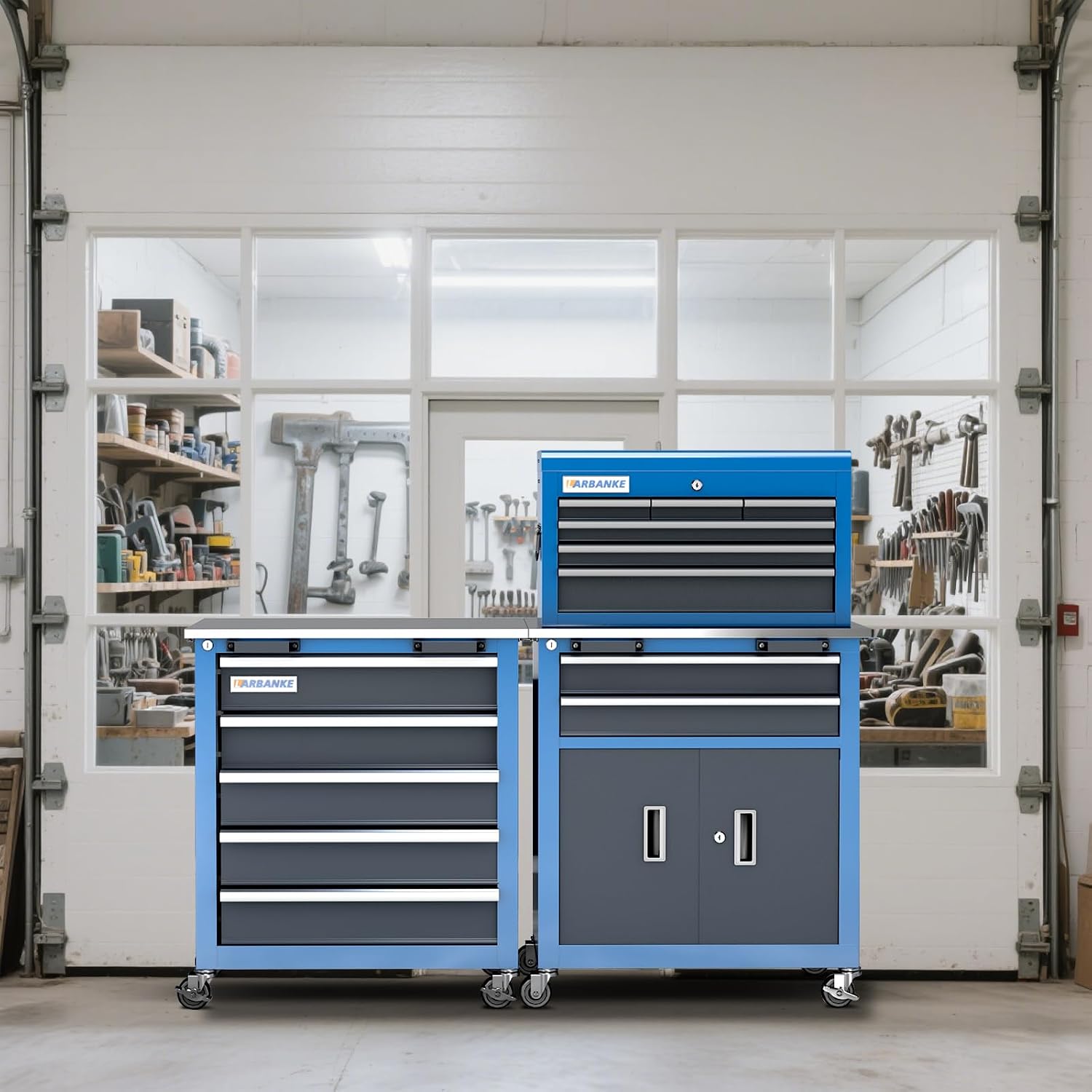 LARBANKE 5-Drawer Tool Chest & 8-Drawer Tool Cabinet with Stainless Steel Countertop, Locking System & Connection Buckle,Cabinet Featuring 360° Swivel Wheels with Brakes&Foot Pads,Blue
