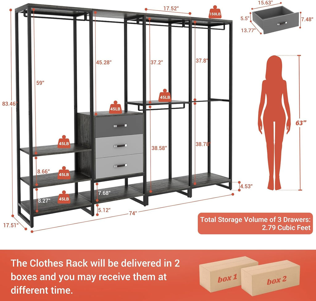 Aheaplus Wood Clothes Rack Wardrobe Organizer for Hanging Clothes, Heavy Duty Garment Rack, Large Corner L Shaped Closet System with 3 Wood Drawers, White and Grey