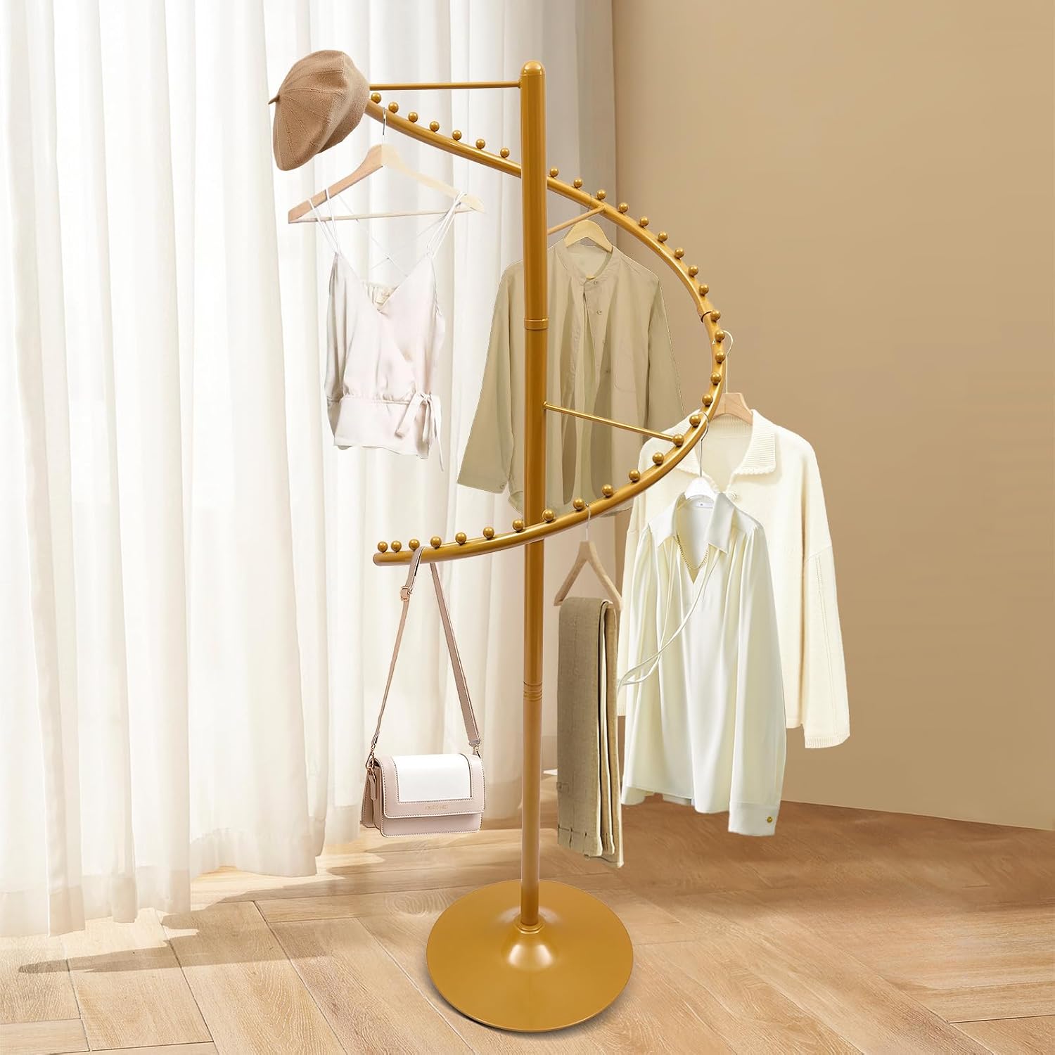 Spiral Rotating Clothing Rack, 360° Spiral Retail Costumer Heavy Duty Garment Rack with 38 Ball for Retail Stores, Bedroom, Living Rooms (Gold)