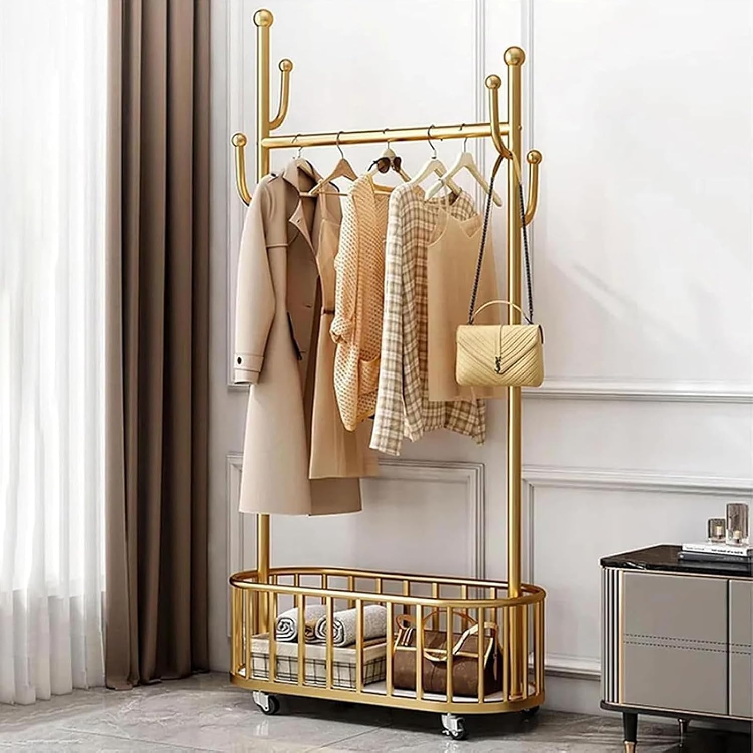 Gold Clothes Rack with Wheels, Heavy Duty Metal Rolling Clothes Rack with Basket, 68.5 Inch Movable Portable Tall Gold Garment Rack for Bedroom Living Room Entryway