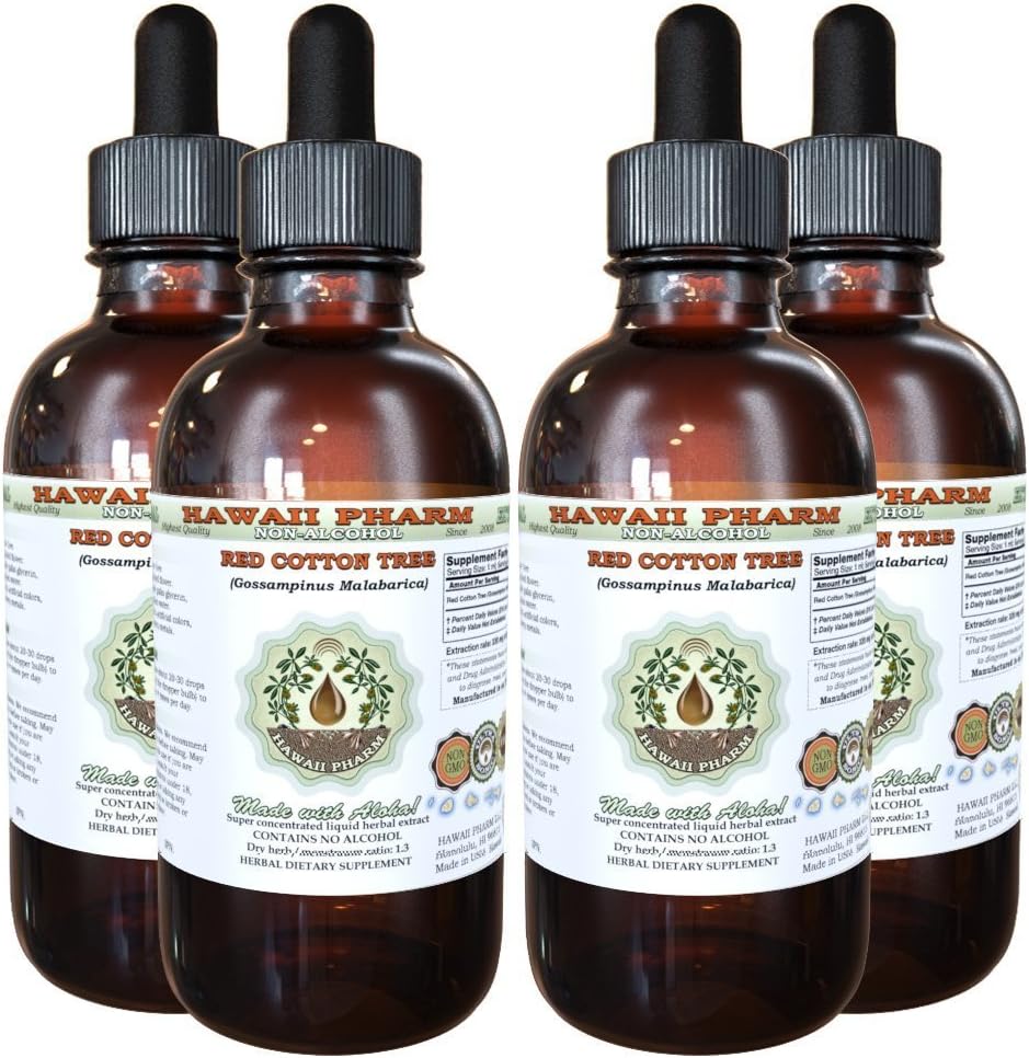 Hawaii Pharm Red Cotton Tree Alcohol-Free Liquid Extract, Red Cotton Tree (Gossampinus Malabarica) Dried Flower Glycerite Natural Herbal Supplement, 4x4 fl.oz