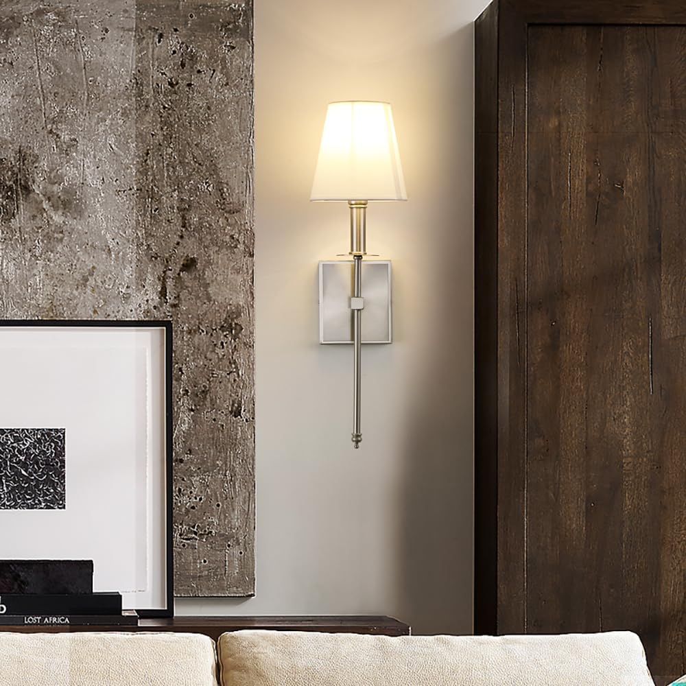PERMO Set of 2 Classic Rustic Industrial Wall Sconce Lighting Fixture with Flared White Textile Lamp Shade and Brushed Tapered Column Stand, Hardwired, E26 Base