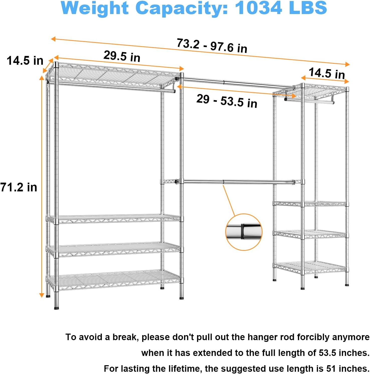 Ulif E11 Heavy-Duty Garment Rack, Metal Freestanding Clothes Rack and Closet Storage Organizer System with 8 Shelves and 4 Hanger Rods, (73.2-97.6)' W x 14.5' D x 71.2' H, Load 1034 LBS, Chrome