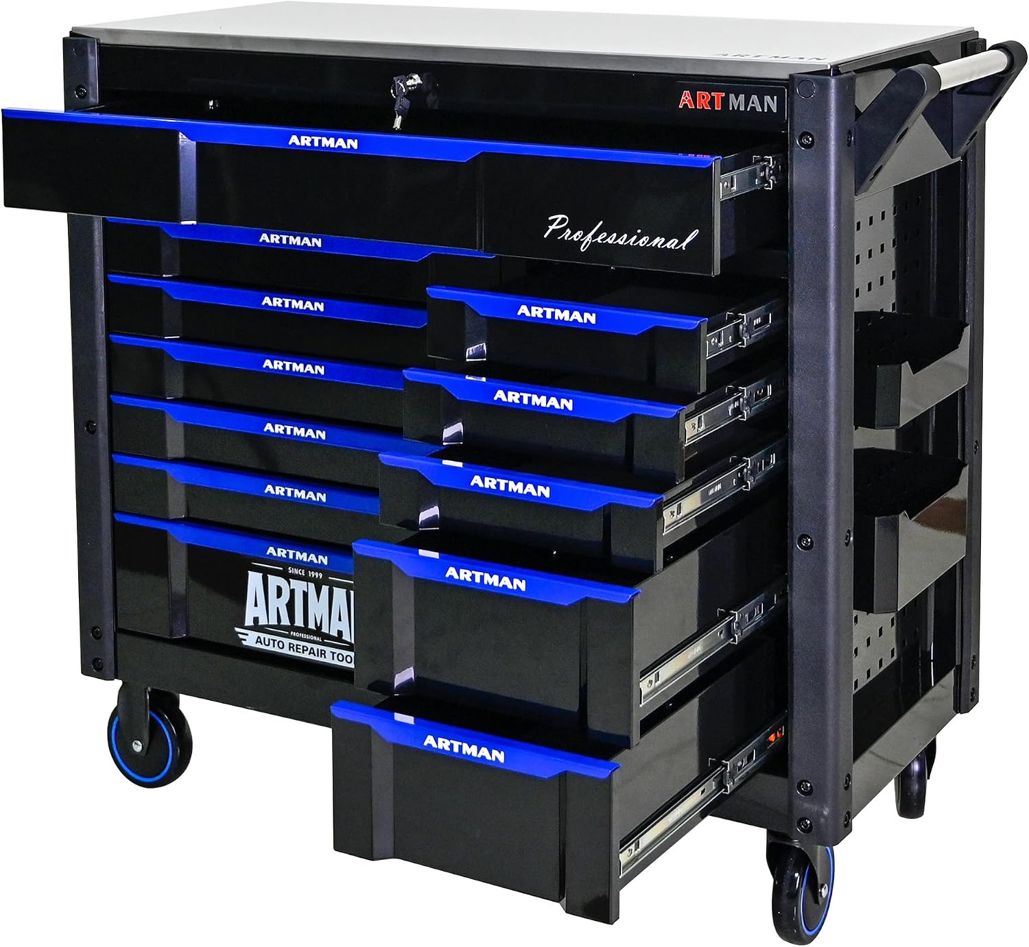 Large Tool Chest with Wheels, Rolling Toolbox with Drawers, Metal Storage Tool Cart with 41'' Stainless Steel Top and Side Handle for Garage, Shop (Bonus Drawer Liners) — Black/Blue
