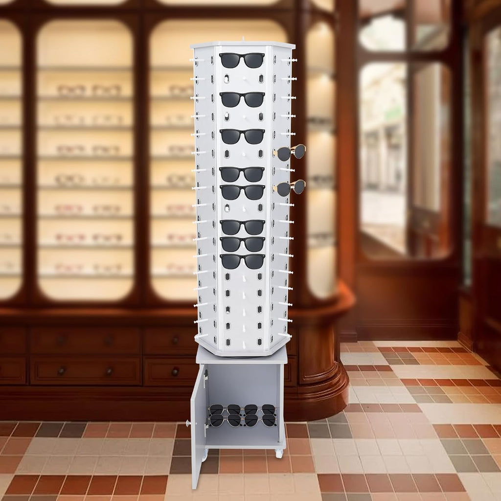 102 Pairs Rotating Glasses Display Stand, Eyewear Storage Organizer with Cabinet & Wheels, Commercial Sunglasses Display Rack, Optical Shop Glasses Holder (Silver)