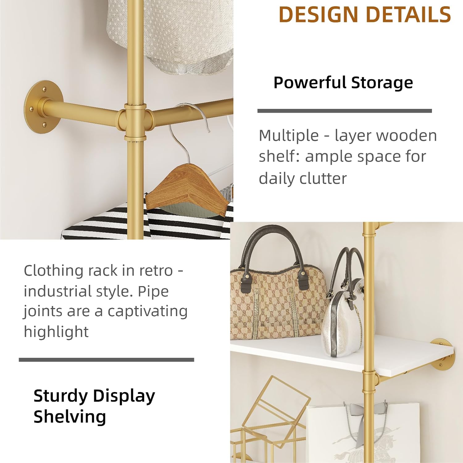 Industrial Pipe Clothing Rack, Heavy Duty Adjustable Garment Hanger with Shelves, 2 Installation Methods Closet Storage System for Wardrobe Organization (Gold, 80' H x 55' W)