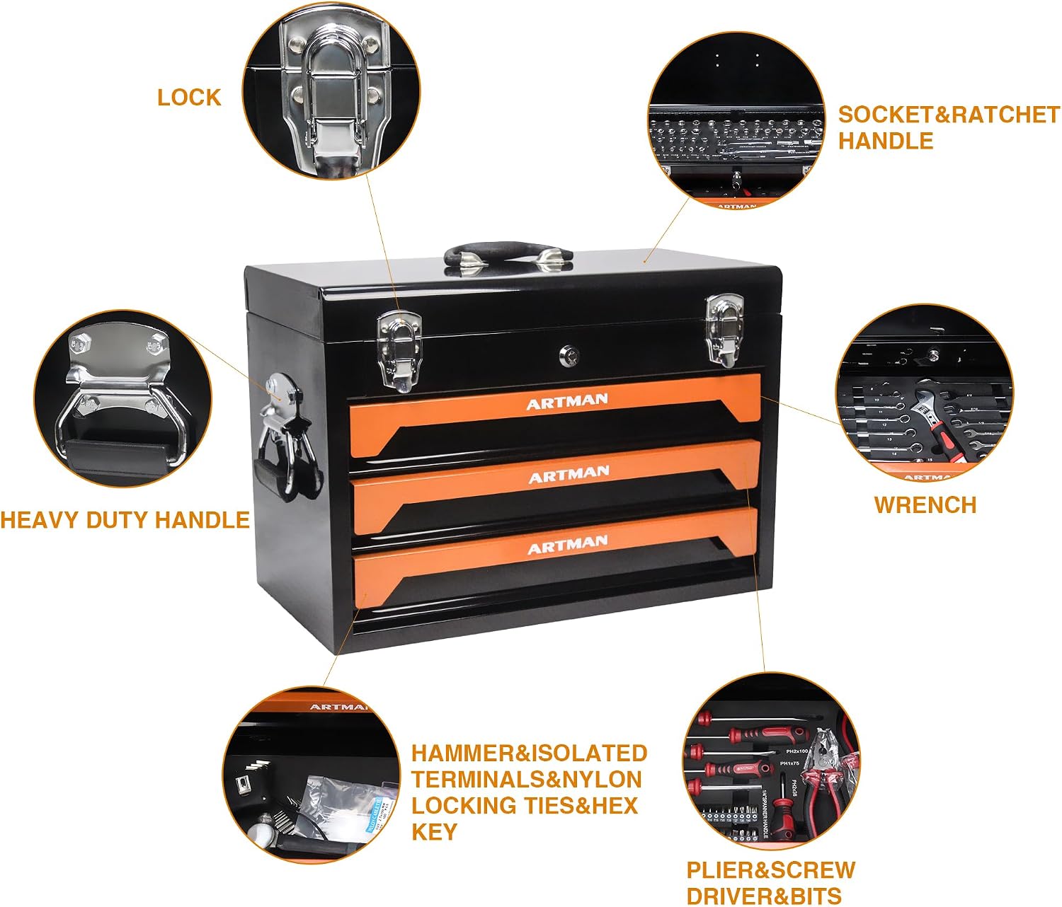 Four layer steel strip, 439 parts and 3 drawer toolboxes, upgraded metal lock safety, practical storage tray to meet the needs of mechanical processing and maintenance